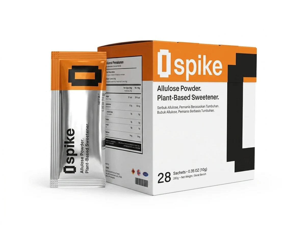 0spike box of 28 allulose sachets, plant-based sweetener, with a stack of sachets in front